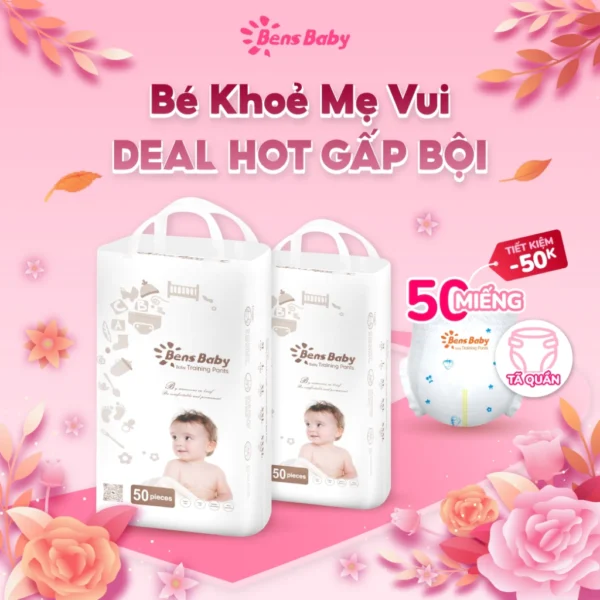 Gói 50 Miếng Bỉm Tã Quần Bens Baby Cho Bé Đa Kích Cỡ M, L, XL, XXL Siêu Mỏng Thấm Hút Thoáng Mát - Hình ảnh 2