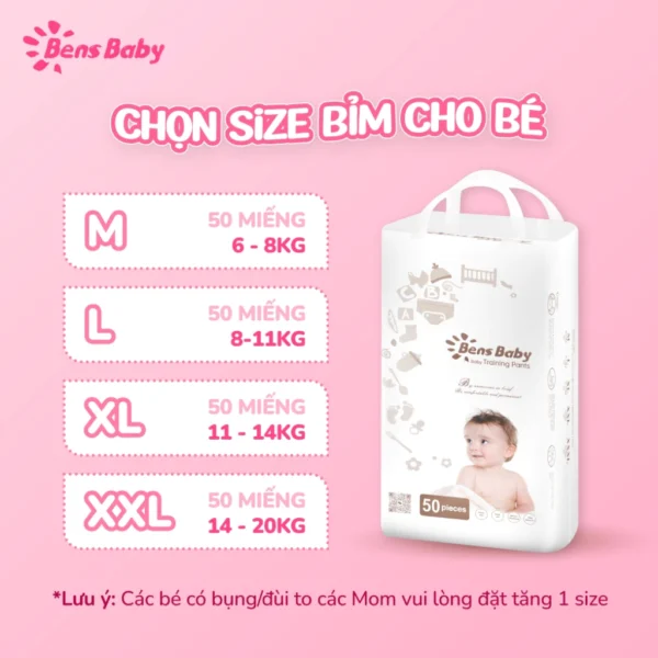 Gói 50 Miếng Bỉm Tã Quần Bens Baby Cho Bé Đa Kích Cỡ M, L, XL, XXL Siêu Mỏng Thấm Hút Thoáng Mát - Hình ảnh 4